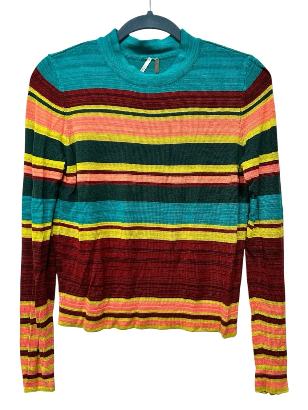 Free People Retro Mock Neck Teal Stripe Lightweight Knit Boho Fall Sweater S
